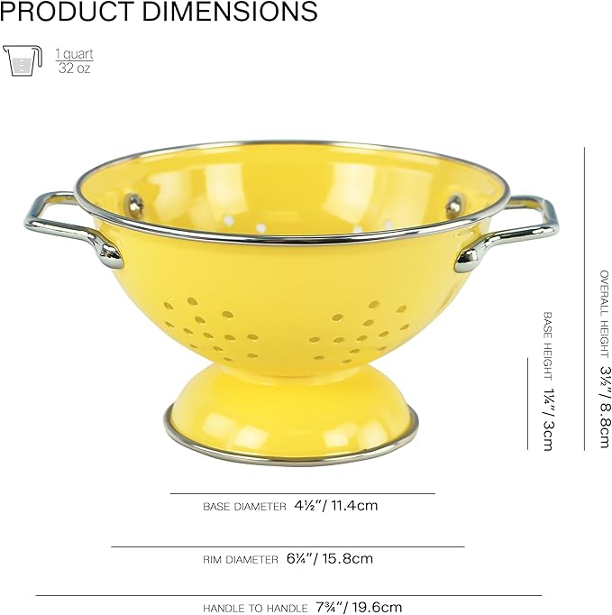 Reston Lloyd Calypso Basics Powder Coated Enameled Colander with Solid Base, Strainer Basket with Handles, for Pasta, Berries, Vegetables, Fruit, Lemon(1 qt, 32 oz)