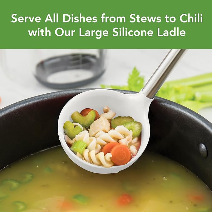 Tovolo Silicone Ladle With Stainless Steel Handle Deep Soup Ladle for Cooking Canning Serving Soup Punch Stew Sauce, Large Kitchen Utensil Spoon Dishwasher Safe BPA Free Silicone White