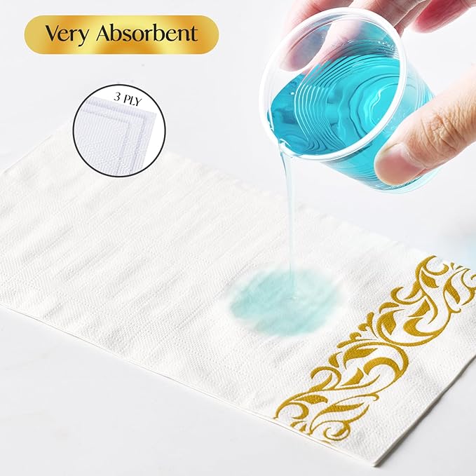 Vplus 400 Pack Paper Napkins Guest Towels Disposable Premium Quality 3-ply Dinner Napkins Disposable Soft, Absorbent, Perfect for Kitchen, Wedding, Parties, Dinners or Events (Gold)