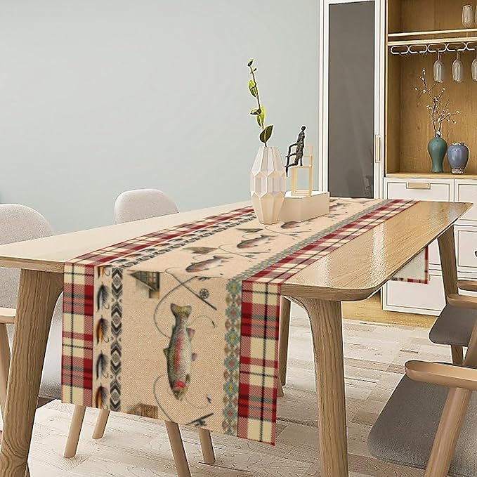 Fishing Table Runner Retro Hunting Cabin Southwestern Check Red Art Printed Runner for Home Kitchen Dining Table Living Room Decor Fabric 1 Panel W13xL70in