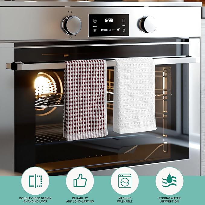 SALAS Cotton Dish Towels Cloths for Kitchen Drying Dishes, Lattice Terry Kitchen Towels, Absorbent Cloths with Hanging Loop, 16‘’ x 26‘’, 4 Packs, Wine Red and White