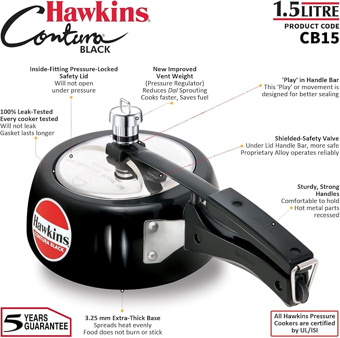 Hawkins Contura Black 1.5 litre Pressure Cooker
