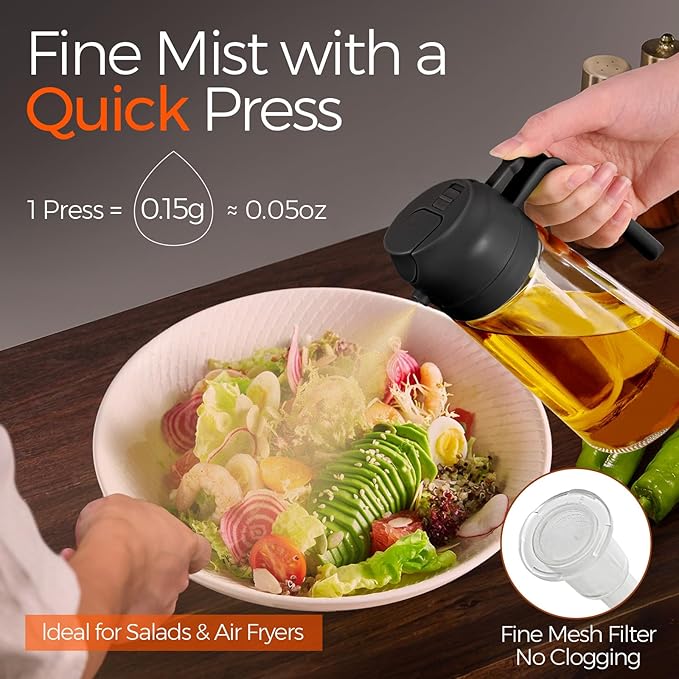 YARRAMATE Olive Oil Dispenser, 2 in 1 Oil Sprayer for Cooking, 16oz/470ml Glass Oil Spray Bottle with Pourer, Food-grade Oil Dispenser and Oil Sprayer for Kitchen, Salad, Frying, BBQ (Black & Green)
