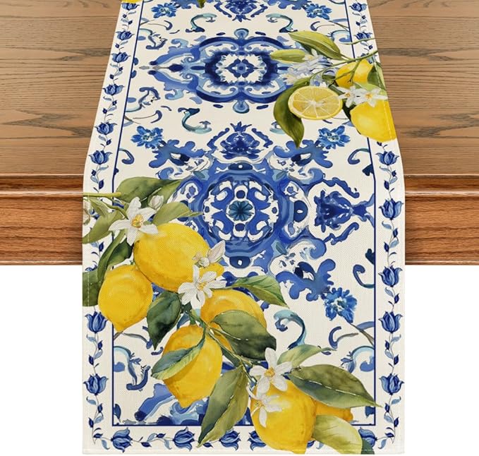 Artoid Mode Lemon Blue and White Porcelain 210 GSM Summer Table Runner, Seasonal Spring Kitchen Dining Table Decoration for Home Party Decor 13x120 Inch