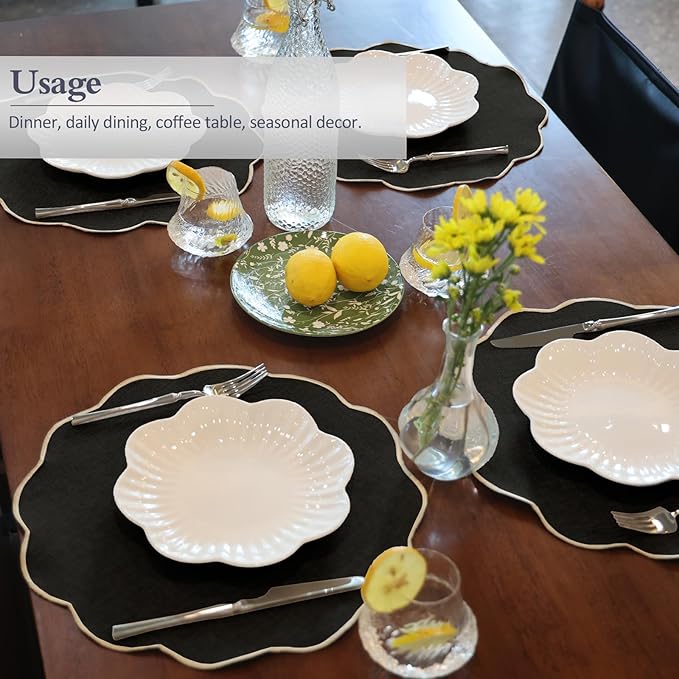 AHHFSMEI Round Faux Linen Placemats Set of 6 Heat Resistant Non-Slip Stain Proof Table Mats for Kitchen Dining Elegant Decor Place Mats (6, Black)