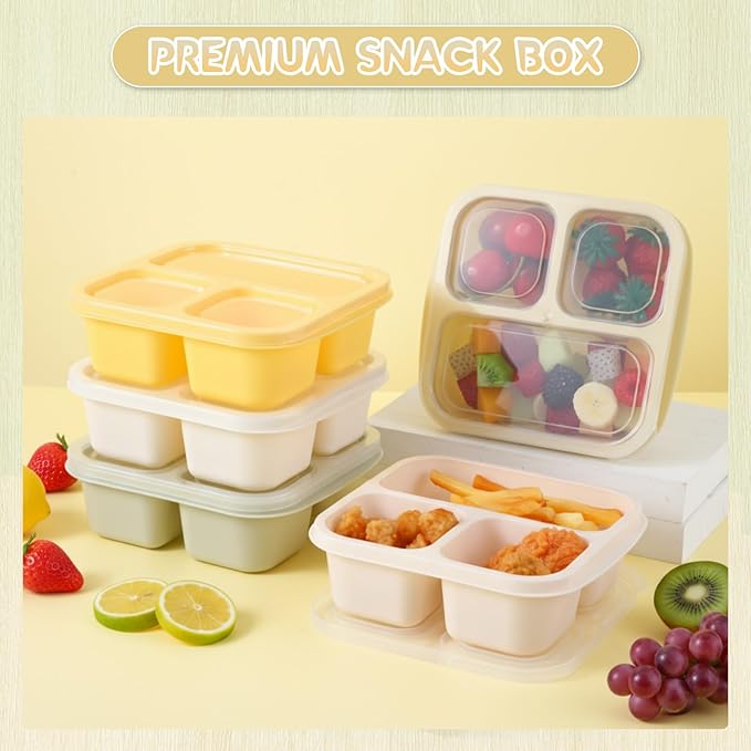 Honeydak 5 Pack Snack Containers 3 Compartment Bento Snack Boxes Divided Meal Prep Containers with Lids Reusable Adults Lunch Food Storage Box for School Work Travel(Lemon Color)