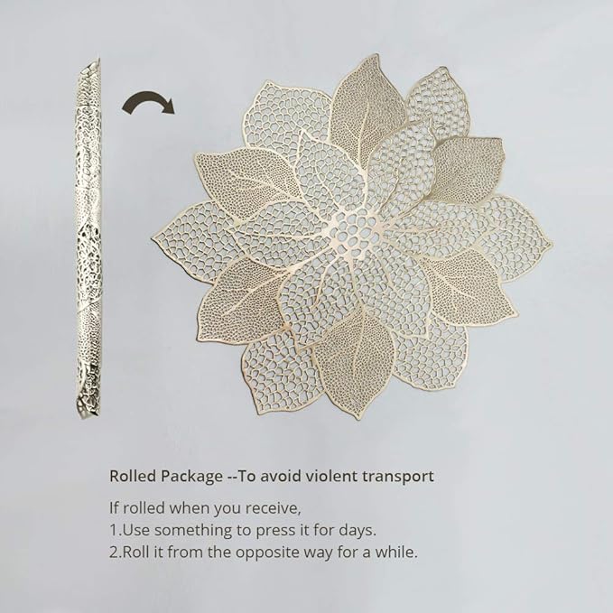 Gold Round Placemats for Dining Table Set of 6 Pressed Vinyl Metallic Table Mats Hollow Out Hibiscus Flower Place Mats for Dinner Decor Holiday Wedding Accent Centerpiece