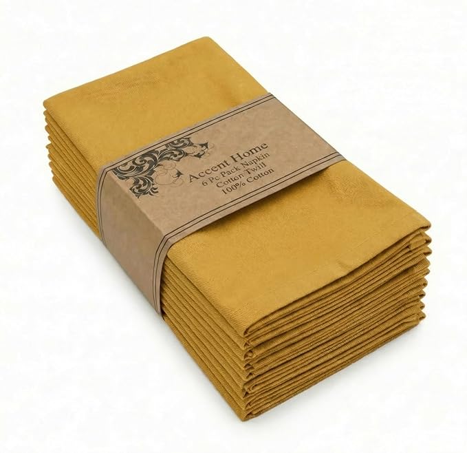 Accent Home 100% Cotton Napkins, Delicate Cloth Napkins for Dinners, Parties and Weddings，18 x 18 Inch Set of 6 - Mustard