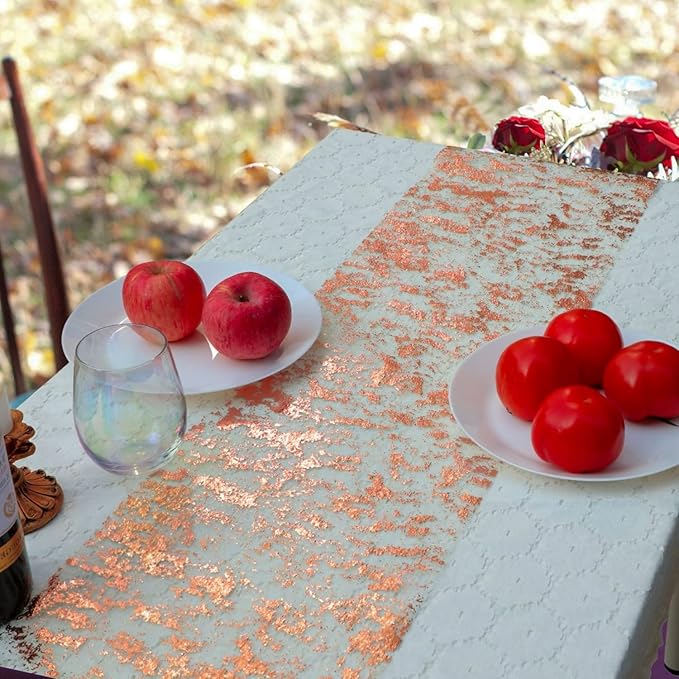 Snowkingdom 2 Pieces Rose Gold Table Runner 11"x108" Glitter Sequin Metallic Pink Thin Mesh Runner Sparkly Table Decorations for Wedding, Bridal Shower, Baby Shower Birthday Party