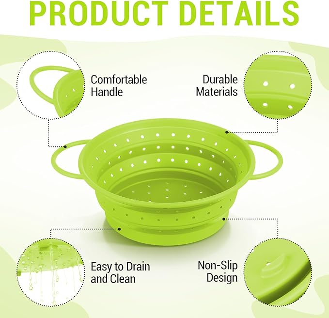 3 Pack Collapsible Colander with Strainer Bowl Set, 11 & 13 In BPA-Free Silicone Colanders for Kitchen, Heat-Resistant Strainer Dishwasher Safe Baskets for Vegetable Fruits (Green)