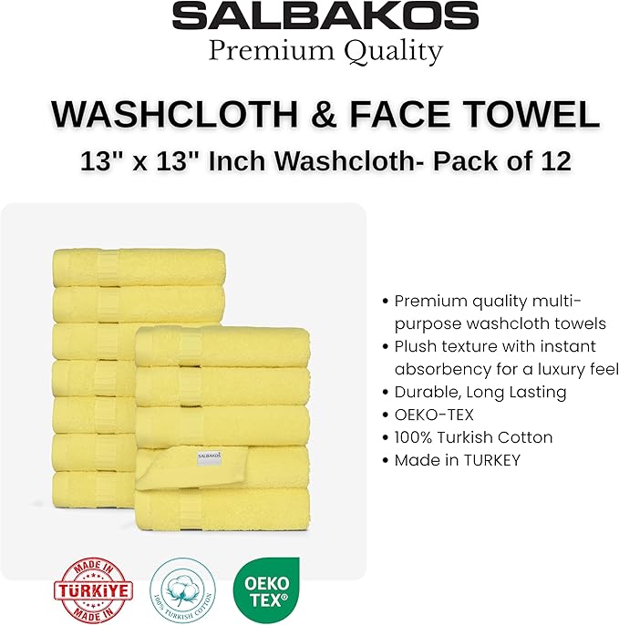 SALBAKOS 100% Turkish Cotton Washcloth Set of 12 13x13 inch | Premium Quality | Hotel & Spa Collection | Ultra Soft, Super Absorbent, Washcloth Towels | Made in Turkey (Yellow, 12 Washcloths)