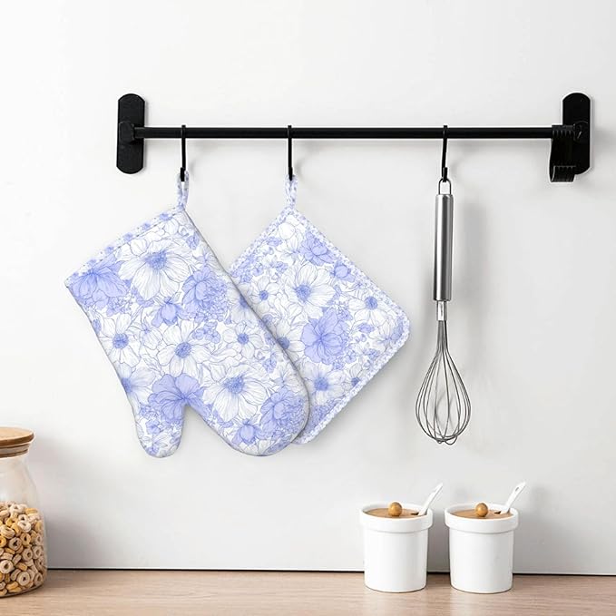 Oven Mitts and Pot Holders Pastel Blue Flower Vintage Silicone Kitchen Accessories Set of 2 Heat Resistant Long Gloves Potholder Non-Slip Grip for Chef Cooking,Baking,Grilling,BBQ