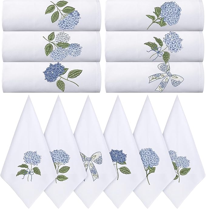 HunnmingRe 12 Pcs Blue Hydrangea Cloth Napkins Bulks 100% Cotton Spring Floral Dinner Tea Party Cocktail Napkins Embroidered Handtowel Country French Reusable Washable for Kitchen Weddings 17x17inch