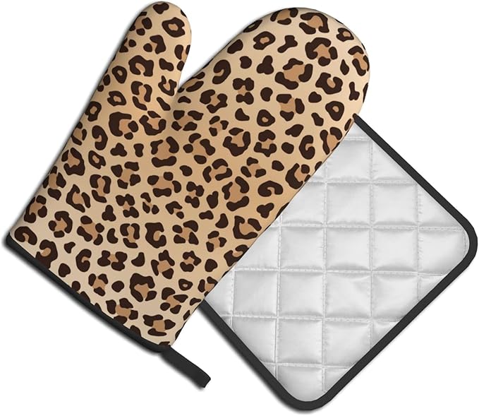 Leopard Print Oven Mitts and Pot Holders Animal Skin Heat Resistant Oven Mitts Safe for Baking Cooking BBQ