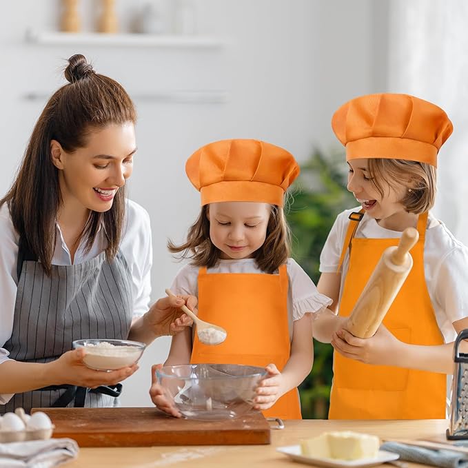 Kids Apron and Chef Hat Set Children Apron Adjustable with 2 Pockets Children Chef Painting for Cooking Baking