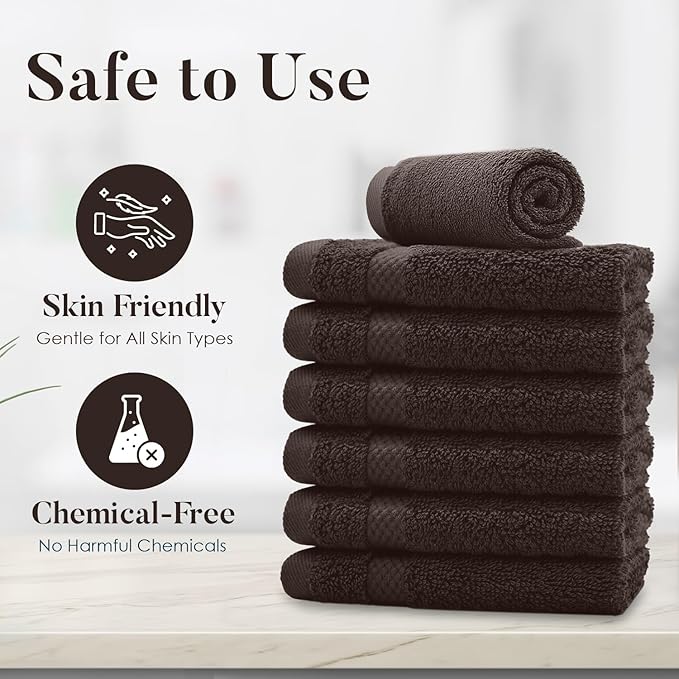 DAN RIVER 12-Pack Premium 100% Cotton Brown Face Towels for Bathroom - Reusable Face Wash Cloths for Showering 12x12 Inches - 550 GSM Super Soft & Absorbent Luxury WashCloths for Body, Spa & Gym