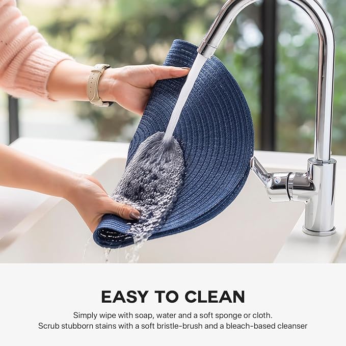 Round Placemats Set of 12 Woven Placemats Washable Braided Table Mats for Dining Table Heat Resistant Non-Slip Circle Place Mats(Navy Blue)