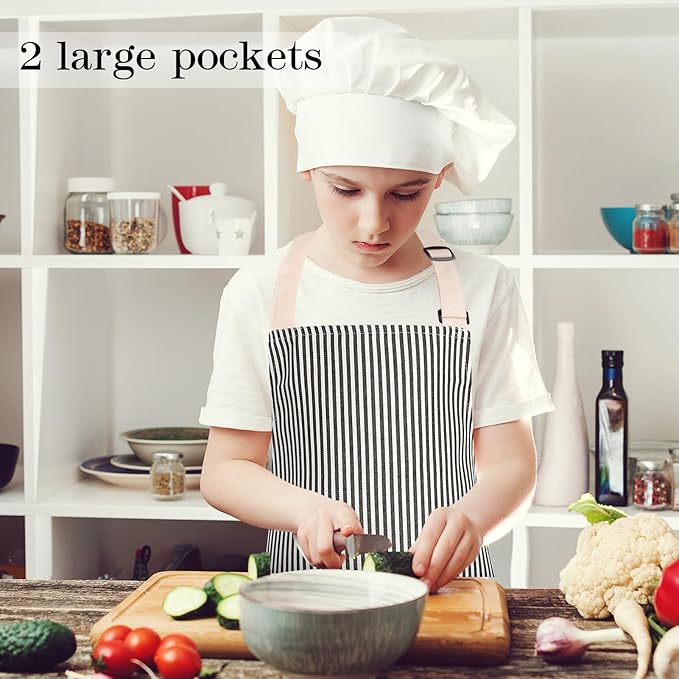 2 Pack Stripes Kids Apron, Kids Cooking Aprons with 2 Pockets, Cute Aprons for Cooking for Boys and Girls