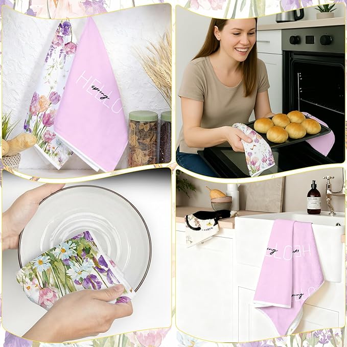 2Pcs Purple Tulip Floral Kitchen Towels-16×24in Spring Floral Microfiber Dish Towels, Holiday Decor Flower Hand Towels for Kitchen Bathroom Home Easter Mother‘s Day Gifts