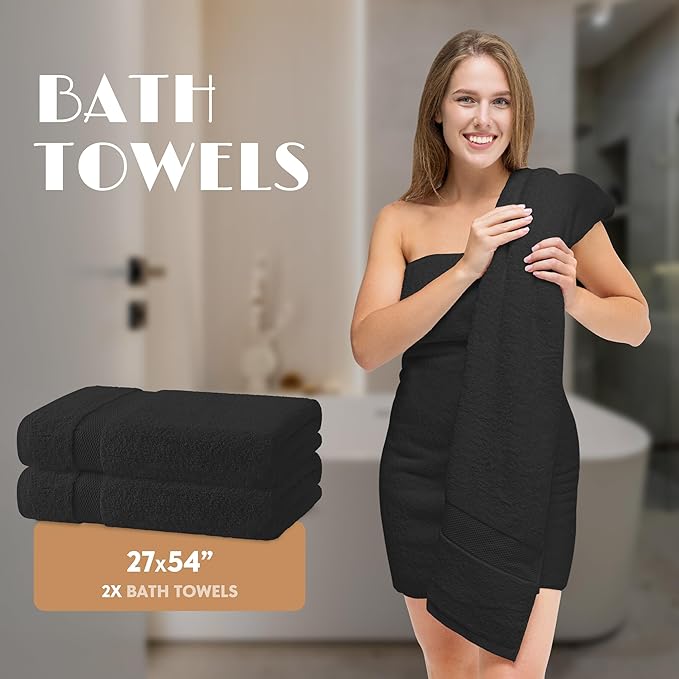 Black Bath Towel Set of 6 - 100% Cotton Highly Absorbent Towels for Bathroom, 2 Luxury Bath Towels 650GSM, 2 Hand Towels, 2 Washcloths