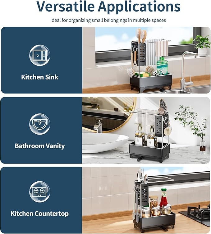 Kitchen Sink Caddy, Sponge Holder for Kitchen Sink with Brush Holder & Dishcloth Rack, Rustproof Sink Organizer Countertop, Kitchen Organizers Storage Essentials, Black