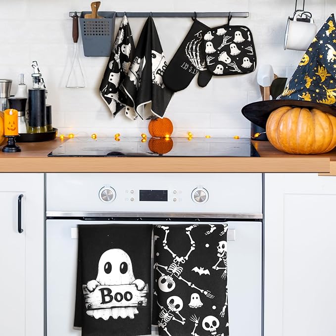 Leinuosen 8 Pcs Skull Kitchen Decor Set Kitchen Towels Gothic Oven Mitts and Pot Holders Skeleton Hand Dish Towels Horror Oven Mitts for Home Decoration Party Gifts (Vintage Color,Ghost)