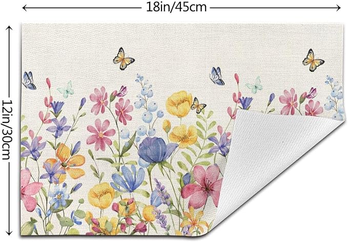 Spring Floral Placemats 12x18 Inches Set of 4 Colorful Flower Butterfly Decorative Rectangle Table Mats Summer Colorful Linen Place mats for Party Home Kitchen Dining Table Decor