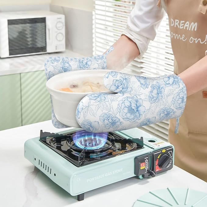 Oven Mitts and Pot Holders Flower Pastel Blue Floral Silicone Kitchen Accessories Set of 2 Heat Resistant Long Gloves Potholder Non-Slip Grip for Chef Cooking,Baking,Grilling,BBQ