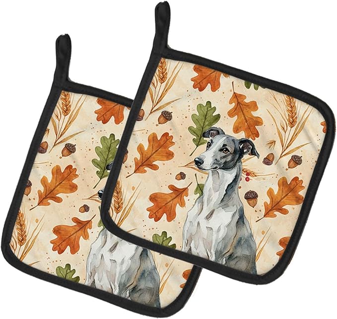 Caroline's Treasures Black and White Greyhound Heirloom Fall Pair of Pot Holders Pair 7.5x7.5 Quilted Insulated Hot Pads Decorative Kitchen Gift Made in USA