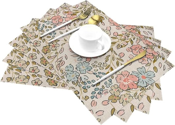 Pink Green Floral Placemats 12x18 Inch Set of 4, Cute Flower Pattern Table Place Mat Wildflowers Watercolor Washable Table Mats Decorative Linen Fabric Table Mat for Dining Table