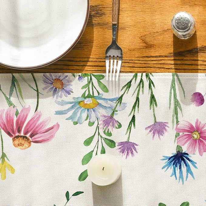Artoid Mode Daisy Eucalyptus Lavender Floral Leaves Summer Table Runner, Spring Kitchen Dining Table Decoration for Home Party Decor 13x120 Inch