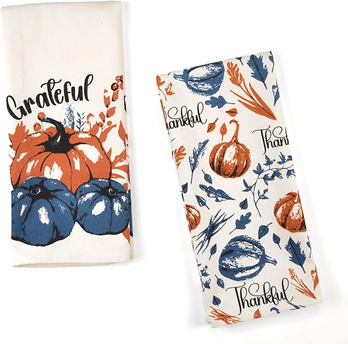 The Fine Living Company Set of 2 Thankful & Grateful Printed Dish Towels, Hand Towels, Boho Tea Towels - Multifunctional, Stylish, Absorbent, Quick Dry, Soft 18" x28", 100% Cotton, Blue & Orange