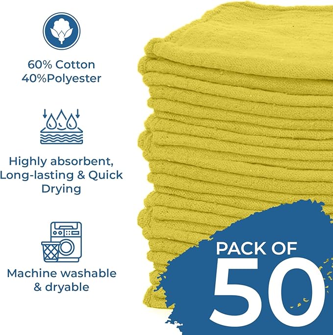 DAN RIVER Shop Towels, 50 Pack Commercial Use Yellow Terry Cloth Rags for Cleaning Cars & Household Surfaces – Well Absorbent, Reusable Cleaning Rags & Wash Clothes – Washable Towels