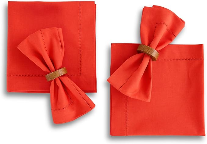 Solino Home Cotton Linen Napkins Set of 4 - Hemstitch Poppy Red Dinner Napkins Cloth 20 x 20 Inch for Mothers Day, Memorial Day - Handcrafted and Machine Washable