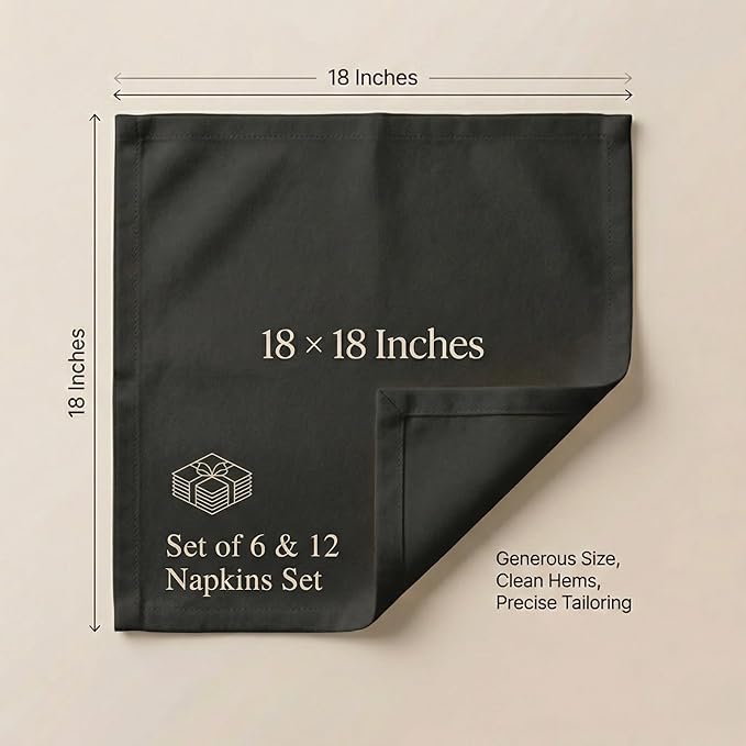 ACCENTHOME Accent Home 100% Cotton Napkins, Delicate Cloth Napkins for Dinners, Parties and Weddings，18 x 18 Inch Set of 12 - Black