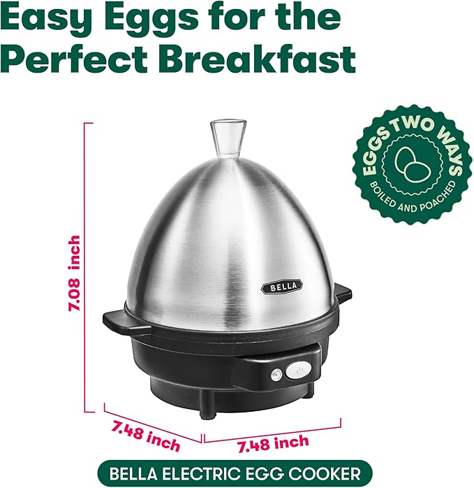 BELLA Rapid Electric Egg Cooker and Omelet Maker with Auto Shut Off, for Easy to Peel, Poached Eggs, Soft, Medium and Hard-Boiled Eggs, 7 Egg Capacity Tray, Single Tier, Black & Steel