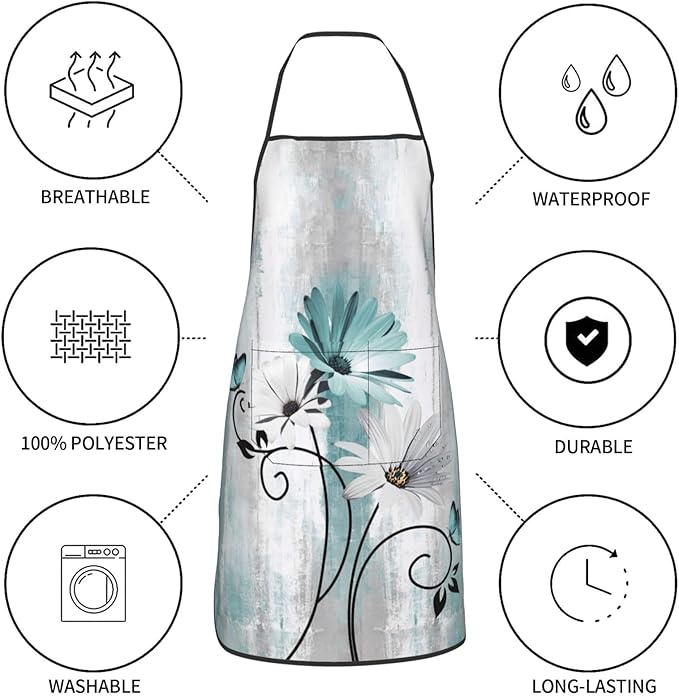 Teal Daisy Oven Mitts Pot Holders Cooking Apron Set of 5 Silicone Farm Teal Daisy Floral Flowers and Butterfly Kitchen Glove Apron Non-Slip Heat Resistant for Chef Baking Cooking Grilling