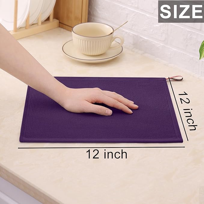 Homaxy 100% Cotton Waffle Weave Dish Cloths - 6 Pack Soft and Absorbent Dish Towels - 12 x 12 Inches Quick Dry Dish Rags - Eggplant