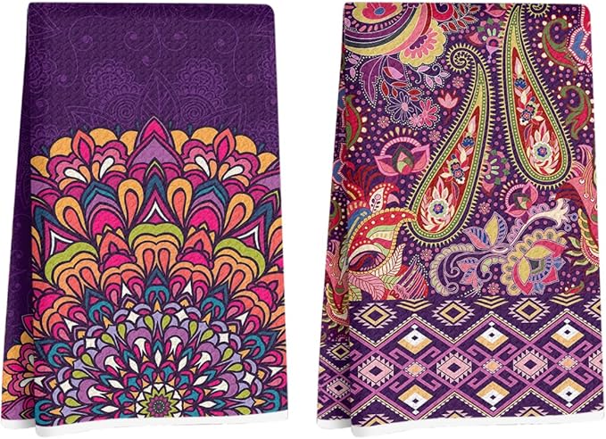 2 Pcs Mandala Kitchen Towels, Soft Absorbent Tea Hand Towel, Microfiber Dish Cloths for Drying Dishes, Waffle Dish Towels for Kitchen Bathroom Home Decor, Housewarming Gifts for Women