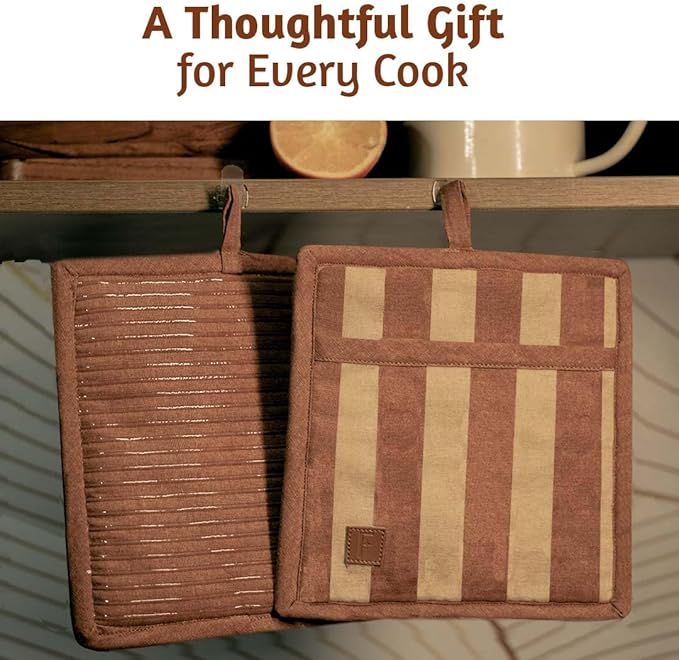 Folkulture Pot Holders for Kitchen | Pack of 2 (8x8) Ribbed Soft Silicone Hot Pads for Kitchen | 100% Cotton Cute Oven Pot Holders Set | Heat Resistant | Machine Washable | Non Slip | Caramel