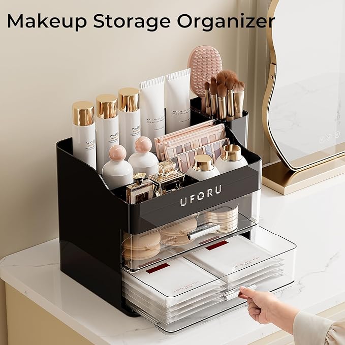 Makeup Organizer for Vanity with Brush Holder, Countertop Skincare Organizer with 2 Drawers, Spacious Cosmetic Display Case for Perfumes, Cologne, Shaving Lotion