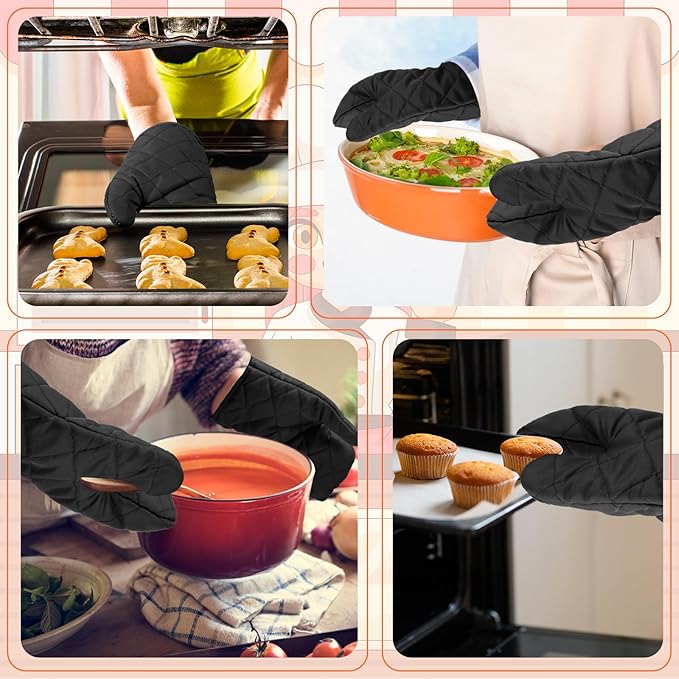 6 Pairs Heat Resistant Oven Mitts Kitchen Oven Gloves 11 Inch Long Quilted Cotton Polyester Kitchen Gloves for Cooking, Baking, Grilling BBQ (Black)