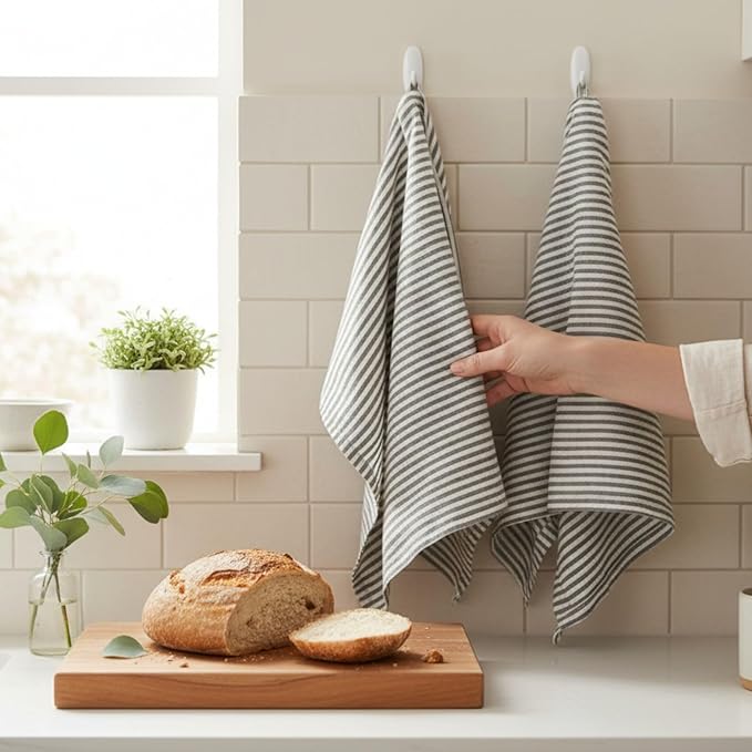 Eight Owls Stonewashed Linen Kitchen Dish Towels - 20 x 27 inch – 100% Pure Linen Tea Towel/Hand Towel - Set of 2 (Charcoal Stripe)