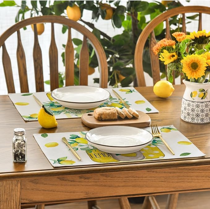 Artoid Mode Yellow Stripes Vase Lemon Summer Placemats Set of 4, 12x18 Inch Seasonal Spring Table Mats for Party Kitchen Dining Decoration