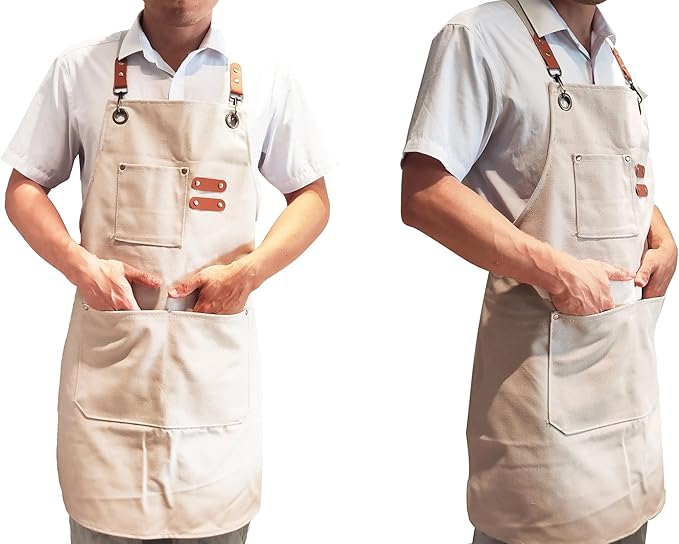 Chef Apron with Large Pockets for Women Men, Cotton Canvas Cross Back Water Repellent Adjustable Work Apron