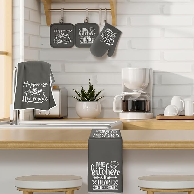 Sratte 6 Pcs Kitchen Decor Accessories Set Farmhouse Towels Pot Holders Oven Mitts Set 2 Dish Towels 2 Potholders 2 Cooking Mittens Oven Glove for Christmas Baking Cooking Supply(Dark Gray,Kitchen)