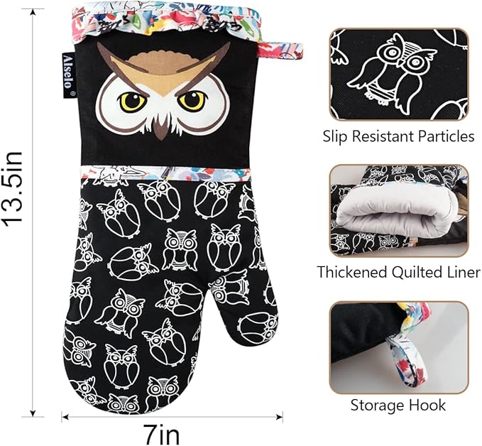 Alselo Oven Mitts, Heat Resistant with Soft Quilted Cotton Lining Set of 2, Fashion Animal Design with Silicone Printing Anti-Slip Kitchen Gloves for Safe Backing Cooking Barbecue（Black 2）