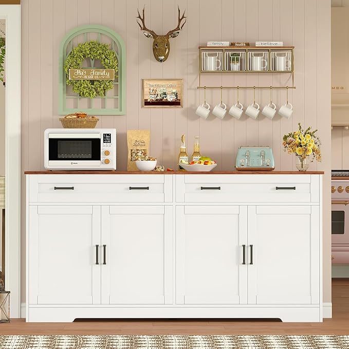 usikey Buffet Cabinet with Storage and Drawers, 55" Large Sideboard Buffet Cabinet with Adjustable Shelves and Doors, Modern Coffee Bar for Kitchen, Living Room, White