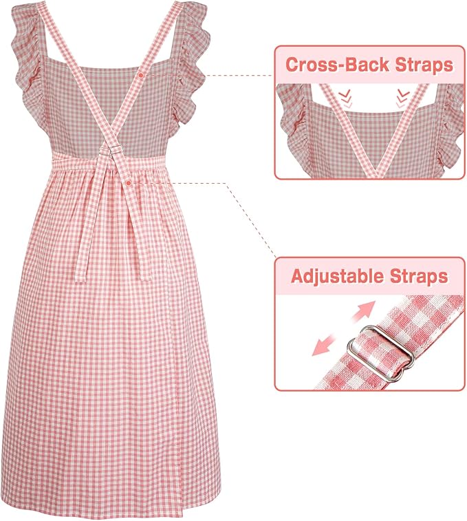 Vintage Gingham Apron for Women, Ruffle Straps, 2 Pockets, Soft Cotton, Apron Dress Style for Cooking & Baking