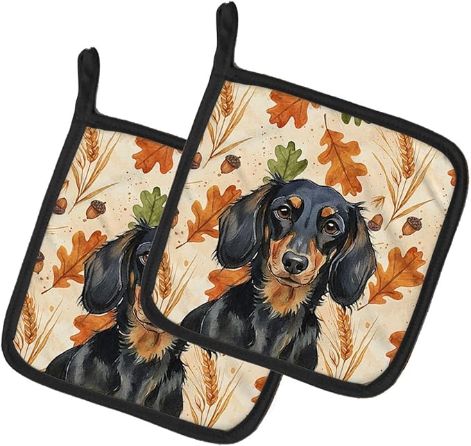 Caroline's Treasures Longhaired Black and Tan Dachshund Heirloom Fall Pair of Pot Holders Pair 7.5x7.5 Quilted Insulated Hot Pads Decorative Kitchen Gift Made in USA